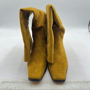 Olive Suede Comfortable Low Heel Pull on Knee High Boots Stylish Square Toe Boot